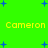 Green background with blue plus signs and yellow text reading 'Cameron Cameron' in two