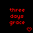 Red pixelated text 'three days grace' on black background with animated heart and arrow symbols changing position.