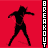 Animated sequence of a silhouetted figure with long hair performing dynamic poses against a red background, holding a glowing object.