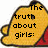 Yellow cartoon bear with red clothing displays text in four : 'The truth about girls:', 'we never get tired of', 'sleep overs', and a blank