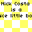 Pixelated text reads "Nick Costa is a nice little boice" over yellow and white checkered background with diamond pattern.