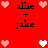 Red background with pixelated text 'allie + jake' and heart symbols in pink and white, arranged in a pattern