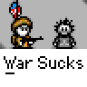 Animated contact sheet of pixel art icons featuring soldiers and enemy figures with repeated text "War Sucks" and speech bubbles containing phrases like "YOU'RE UNDER", "YOU'LL NEVER CATCH ME A-", and "DAMN...".