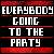 Pixelated text displays 'EVERYBODY GOING TO THE PARTY' and 'HAVE A REAL GOOD TIME' in white on black with red accents, varying letter color across frames.