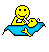 Yellow smiley face in blue boat holding yellow object, static pixel art with gray background.