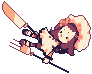 Pixel art character with brown hair and white dress holding a large orange-bladed sword, flying on a broomstick against gray background.