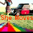 A pixelated animated image shows a person running beside a car on grass, with changing text overlays and a rainbow-colored ground pattern.