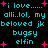Pixelated cyan text on black background with pink starbursts, repeating phrases like 'i love.....' and character names.
