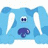 Pixelated blue elephant with white tusks, a purple trunk, and dark eyes against a light background.