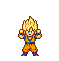 Pixelated character with spiky yellow hair and blue eyes in orange martial arts uniform, standing against gray background.