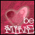 Animated pink heart with 'be my' text above and stylized 'MINE' below, on textured red background.