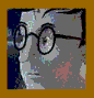 Pixelated grayscale cartoon face with round glasses on left, blue text 'amigo harry potter' on right against brown background.