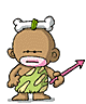 Two pixelated cartoon figures with brown skin, bone headbands, and green leaf skirts hold pink arrows; one stands still while the other jumps.