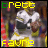 A football player in a white and yellow uniform holding a ball, with text above and below the image.