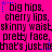 Pixelated text repeats across a bright pink background with blue star accents, displaying phrases like 'big hips', 'cherry lips', and 'pretty face' in black font.