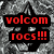 Black and white diamond-shaped logo with internal geometric patterns on a textured gray background, overlaid by red text reading "volcom rocs!!!" in two lines.