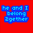 Red background with blue pixelated text blocks displaying two phrases: 'he and I belong 2gether' on the left, 'he just doesn't relize that' on the right.