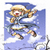 Pixelated character with blonde hair and red mouth floats against blue sky with white clouds, wearing dark blue outfit with yellow accents and purple pants.