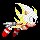 Six pixelated frames of a character with yellow spiky hair, red shoes, and white gloves in mid-air motion against black background.