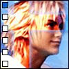 six identical showing a person with blonde hair and orange highlights against a blue background, each containing a vertical of small squares