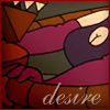 Stylized cartoon character with purple and brown clothing, a white eye, and the word 'desire' in white script at the bottom.