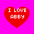 Four red heart shapes on a bright pink background, each containing white pixelated text reading "I LOVE ABBY".