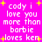 Pixelated text on bright pink background with yellow stars, repeating 'cody i love you more than barbie loves ken' in white block letters.