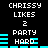 Pixelated text and cyan bars on black background with 'CHRISY LIKES 2 PARTY HARD' repeated in two vertical , showing animation changes in bar positions