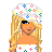 Animated contact sheet of a pixel art buddy icon featuring a blonde character with colorful sprinkles, a small dog, and repeated pink text phrases like "uhh.. i dont" and "think* so!" across multiple frames.