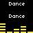 Black background with repeated white 'Dance' text and yellow audio equalizer bars in a pattern
