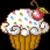 Pixelated cupcake icon with white frosting, colorful sprinkles, a cherry with green leaf, and brown wrapper, accompanied by pink text phrases.