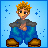 Pixel art buddy icon featuring a blonde character in blue overalls with gray shirt and brown boots, next to yellow text reading "Blonde Moments" on light blue background with small plus symbols.