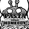 Black-and-white cartoon-style icon of a brain with large eyes and antennae, featuring bold text reading "PASTA" above "HOMEBOY".