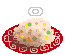 Three identical static frames of a pixelated food icon showing a mound of rice with mixed vegetables on a red plate with white decorative patterns against a gray background.