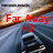 Pixelated image with red text 'Far Away <3' over a blurred background of a person in dark clothing holding a long object.