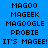 Blue background with black pixelated text arranged in a , displaying variations of 'MAGOO', 'MAGEEK', 'MAGOOGLE', 'PROBIE', and 'IT'S MAGEE!' across multiple