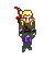 Pixel art character with blonde hair and red sword, shown in multiple poses against gray background.