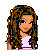 Pixel art contact sheet showing a female character with long brown hair in two frames and scattered letter blocks spelling "CUTE" on white background.