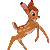 Pixelated cartoon deer with brown and white spotted fur, large ears, and a black nose, standing in a dynamic pose with one leg extended forward and the other bent backward.
