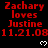 Red text on black background reads 'Zachary loves Justine 11.21.08' with white pixel hearts, repeated in a pattern