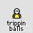 Pixelated character in yellow shirt with white face and black outline, repeated across with pink elephants and text 'trippin balls' below each instance