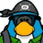 Pixelated penguin character with blue ear flaps, yellow beak, and dark gray hat with white 'C' on black background, red text 'OMG' and 'CLUB.... PENGUIN!' visible.