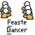 Pixelated character with white head and orange body dancing in multiple poses on gray background, labeled "Feaste Dancer" text below.