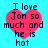 A static image with four identical heart-shaped icons on a cyan background, each containing text about loving Jon.