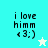 Pixelated text 'i love himm <3:)' on cyan and off-white backgrounds with a white star in top-right and cyan star in bottom-left.