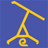Yellow pixelated symbol on solid blue background with diagonal lines intersecting at a central triangle and curved base element.