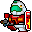 Pixelated character in red armor with green helmet, holding shield and weapon; four variations show different poses against gray background.