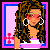 Animated contact sheet of a pixel-art character with long curly hair, pink sunglasses, and white hoop earrings in various poses including full-body, waist-up, legs, and text displays on pink backgrounds with blue borders.