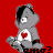 Gray cartoon bear with black hair and red heart on chest sits against red background, text below changes from 'WHO?' to 'WHY?'.