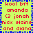 A static pixel art image with a bright yellow background, blue border pattern, and red text listing names in repeated